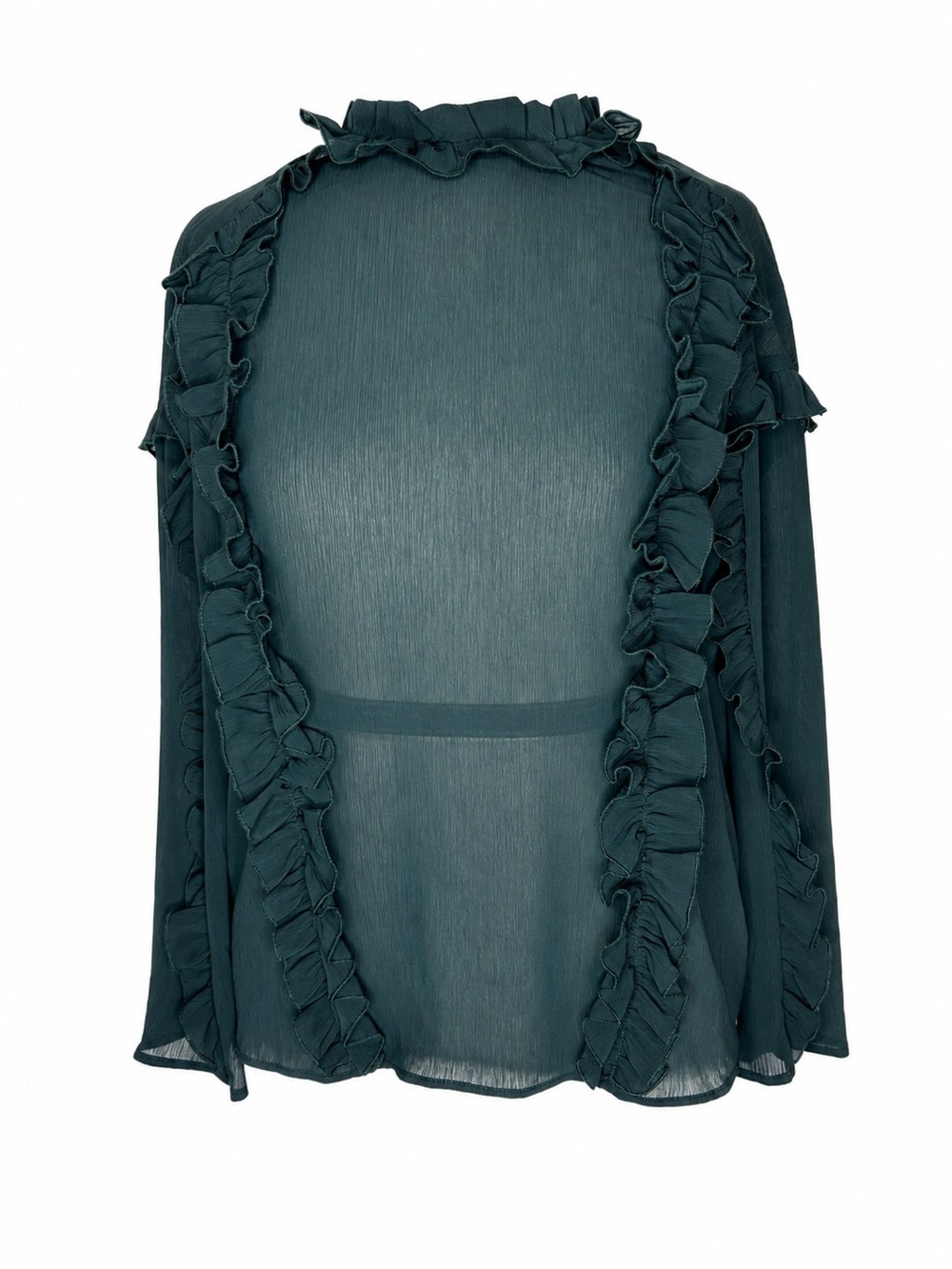 Zara Emerald Green Ruffle High Neck Sheer Blouse XS NWT